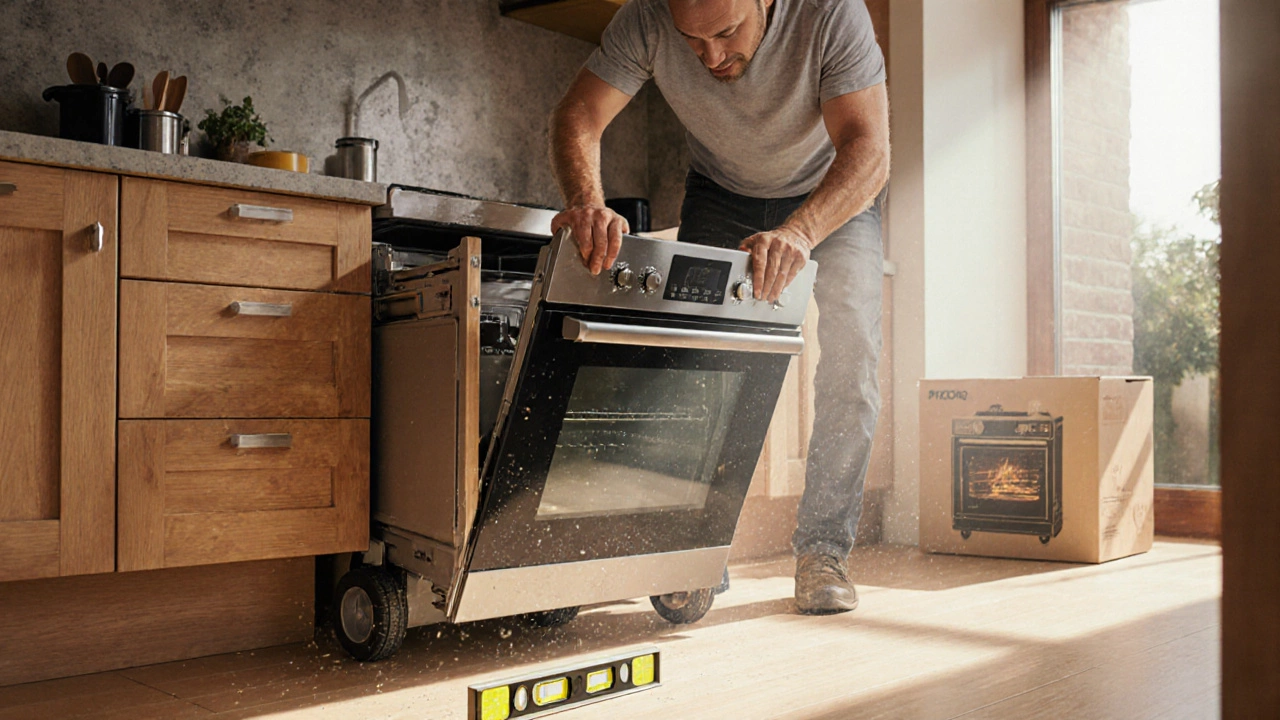 A heavy electric oven being moved out of a cabinet using a dolly, with a spirit level on top.