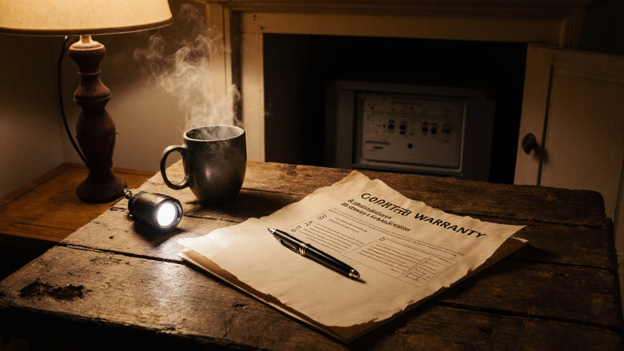 Boiler warranty booklet, checklist, pen, and coffee mug on a wooden table ready for service.