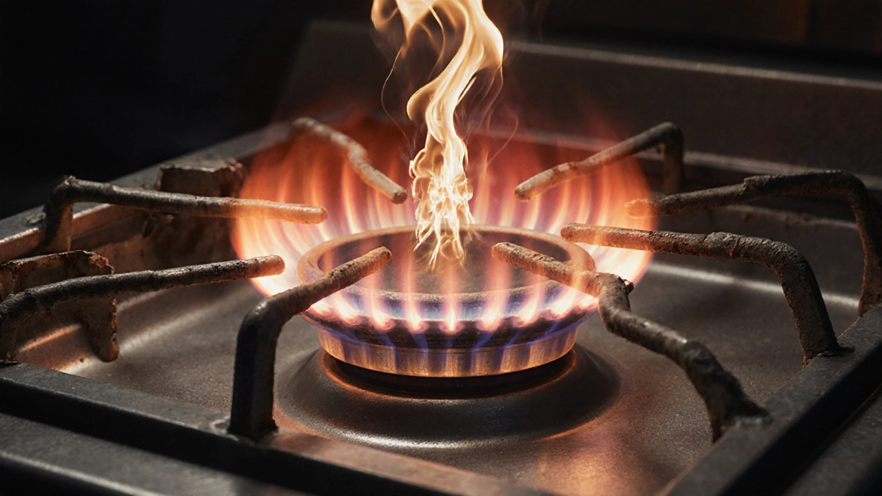 Broken heating element with electrical arcing inside a stove.