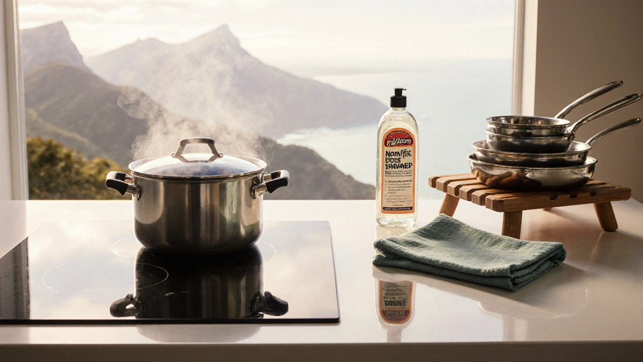 Clean kitchen with repaired glass hob, cookware, and gentle New Zealand backdrop.