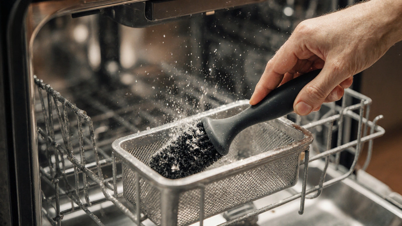 Close-up of spray arms, filter and door seal being cleaned with water droplets and a brush.