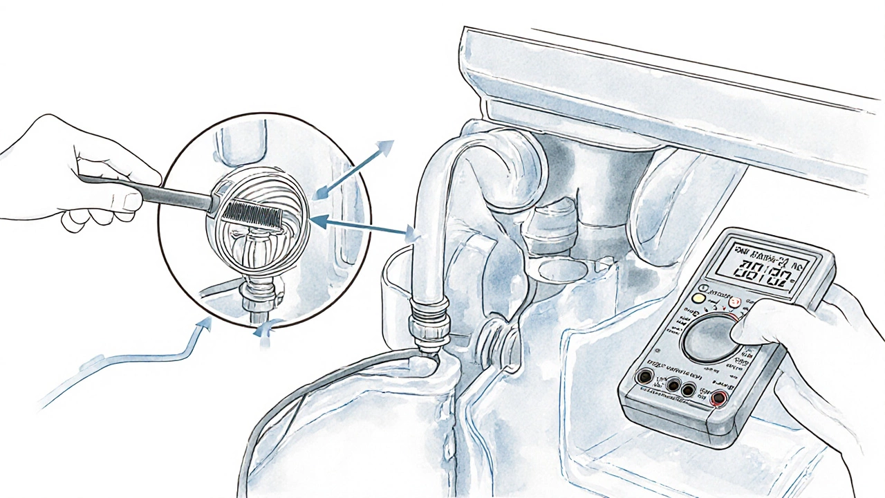 Close‑up of water inlet valve and ice mold being cleaned with a brush and multimeter.
