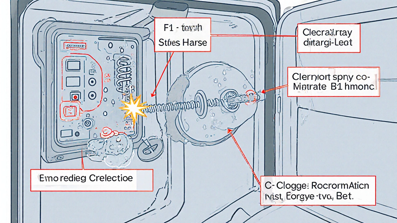 Cutaway illustration showing a faulty control board, leaking door latch, and corroded pump inside a dishwasher.