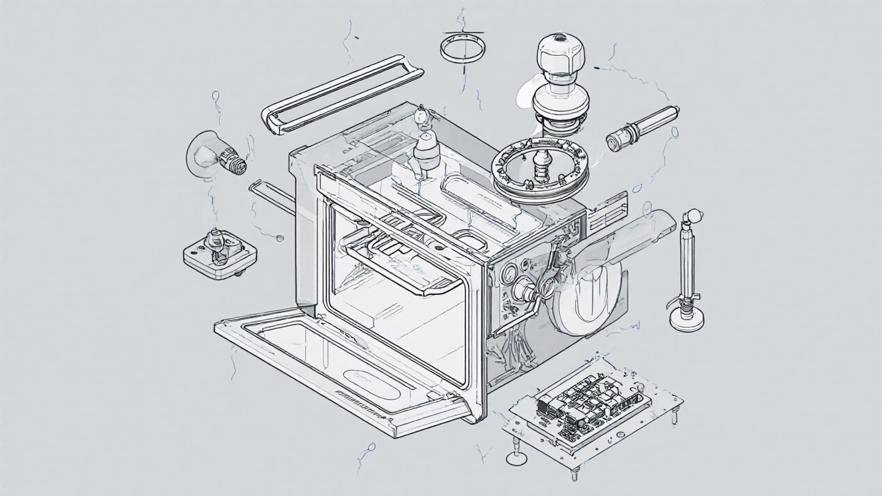 Exploded illustration showing a gas oven's ignition, burners, thermostat, safety valve, latch, and control board.