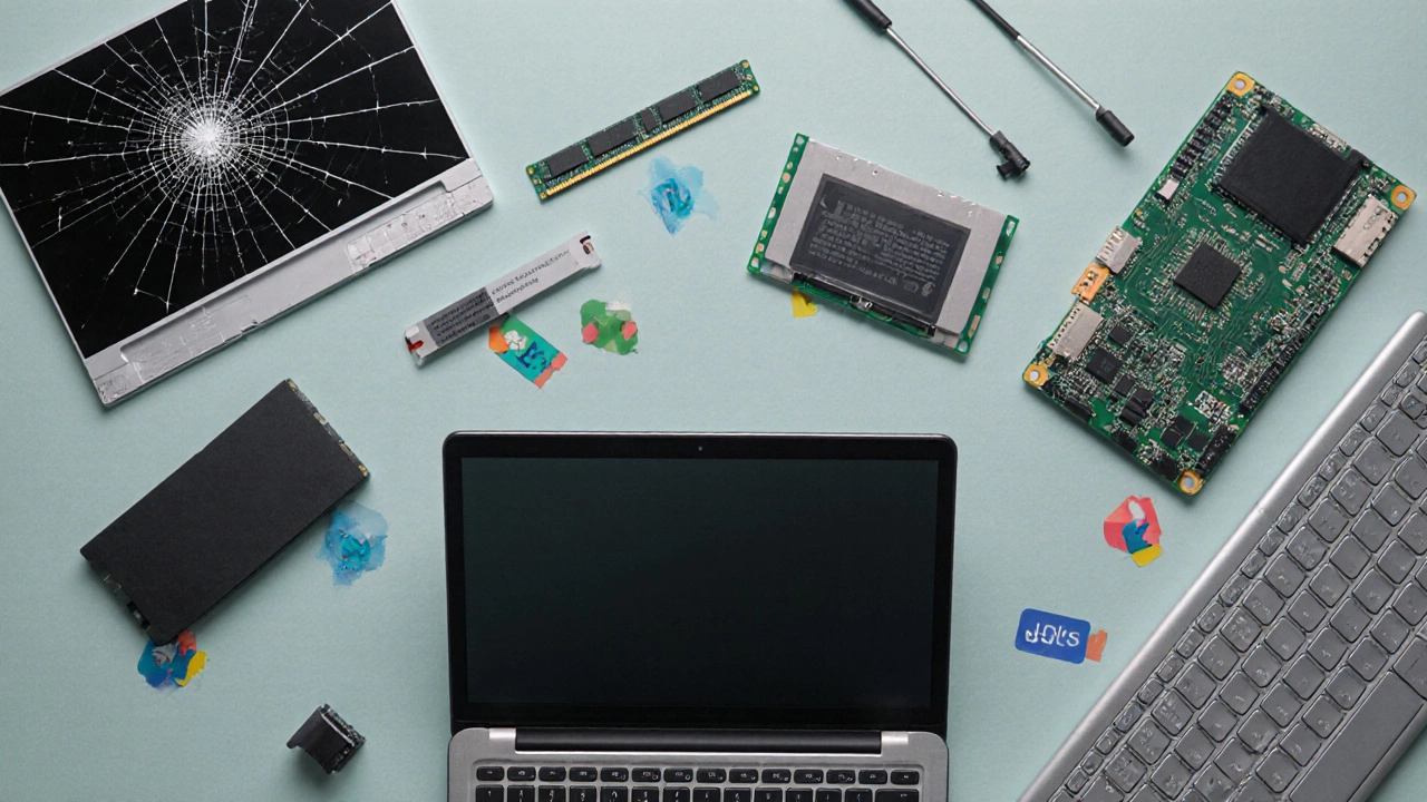 Flat‑lay of laptop parts and components on a workshop table.