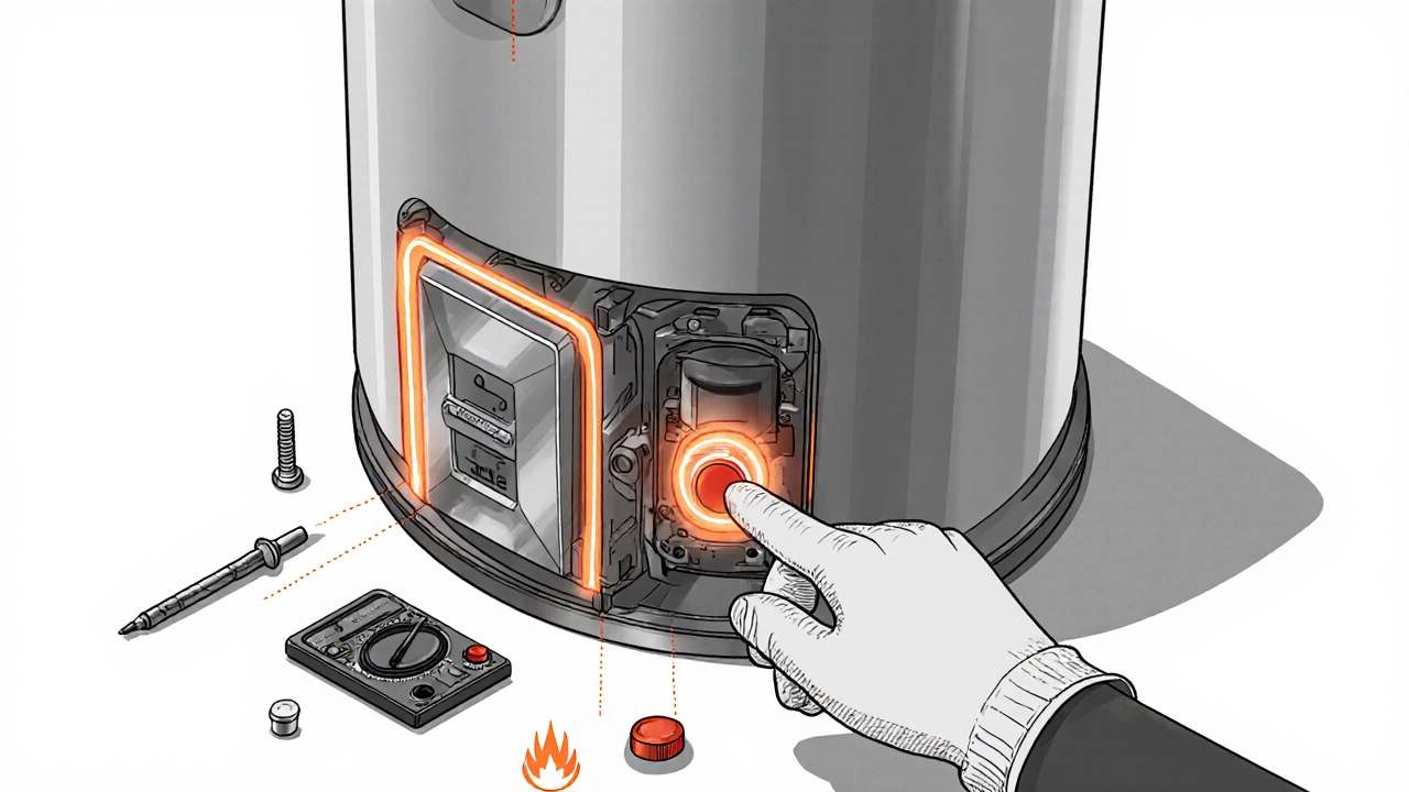 Gloved hands pressing the red reset button inside a cutaway water heater.