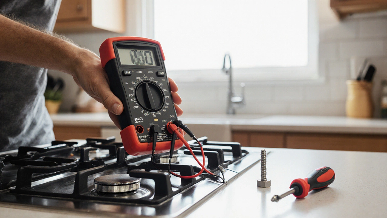 Hand testing a stove element with a multimeter on a kitchen counter.