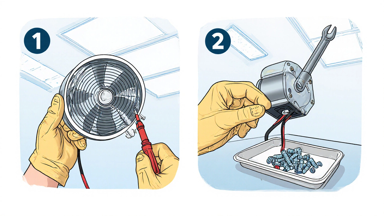 Hand using screwdriver and multimeter to unscrew fan housing and check power.