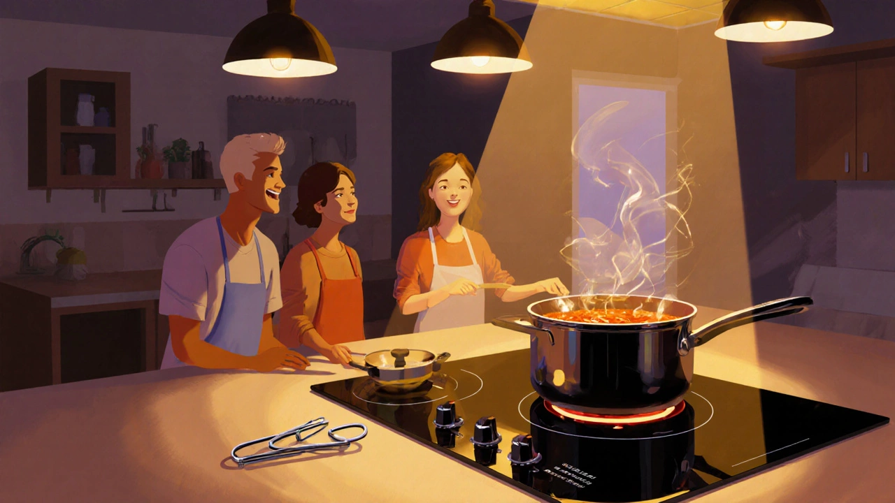 Happy family cooking on a clean, glowing electric hob in a warmly lit kitchen.