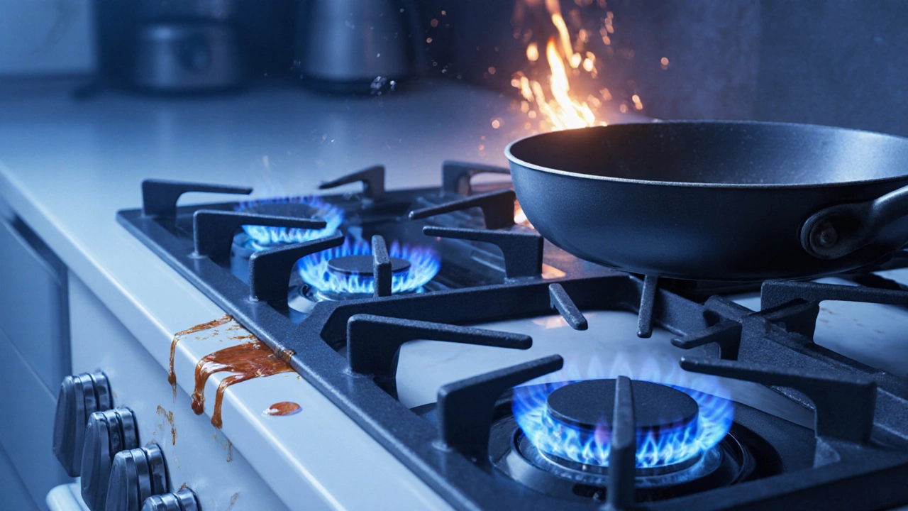 Hob showing common wear: flickering flame, spilled sauce, warped pan, and spark.