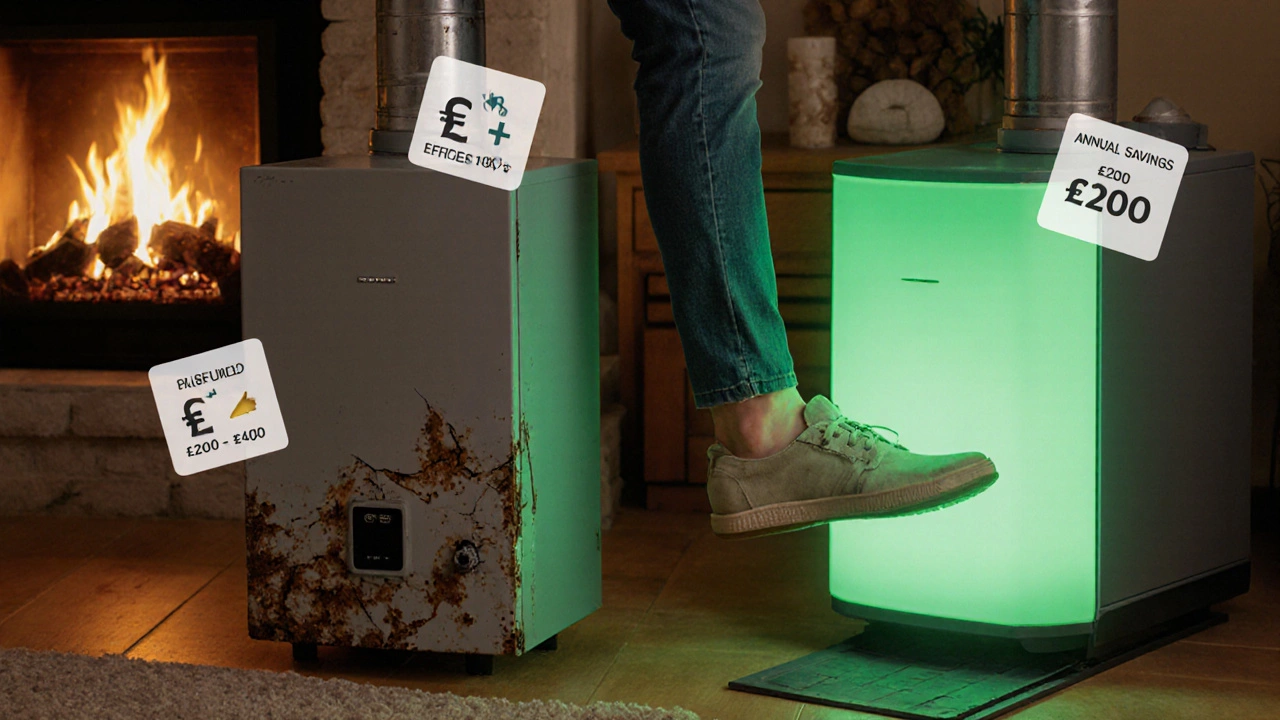 Homeowner choosing between an aging boiler and a glowing new condensing boiler, with cost‑saving icons.