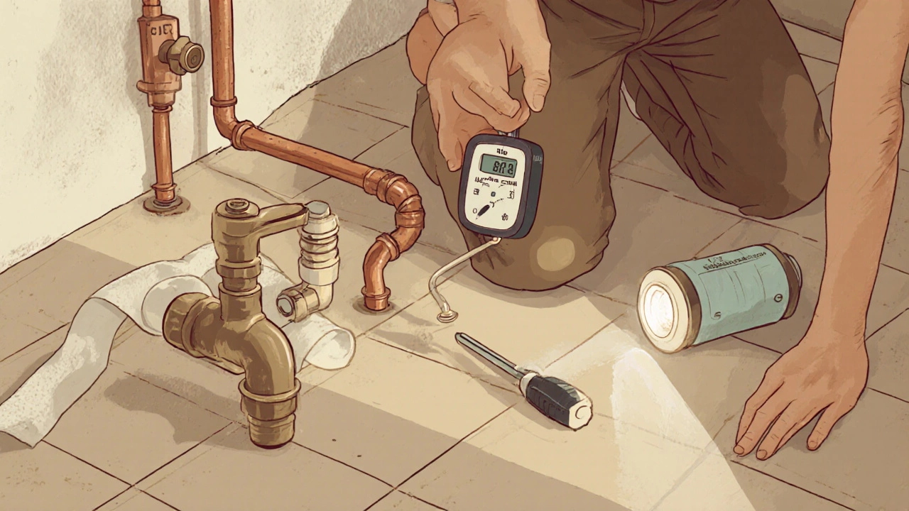 Homeowner inspecting bathroom pipe with thermometer and adjusting shower valve.