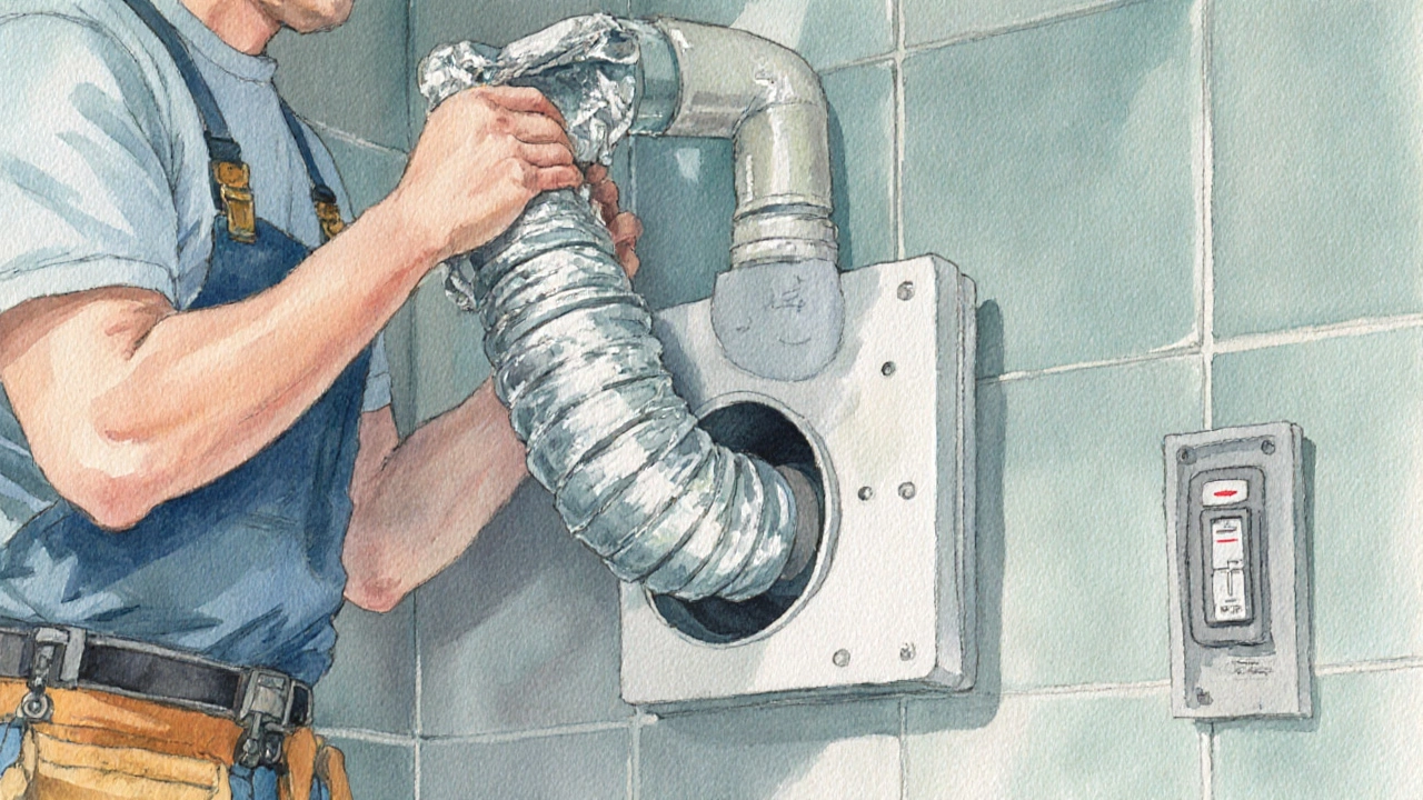 Homeowner installing a bathroom extractor fan, sealing duct and adding a back‑draft damper.