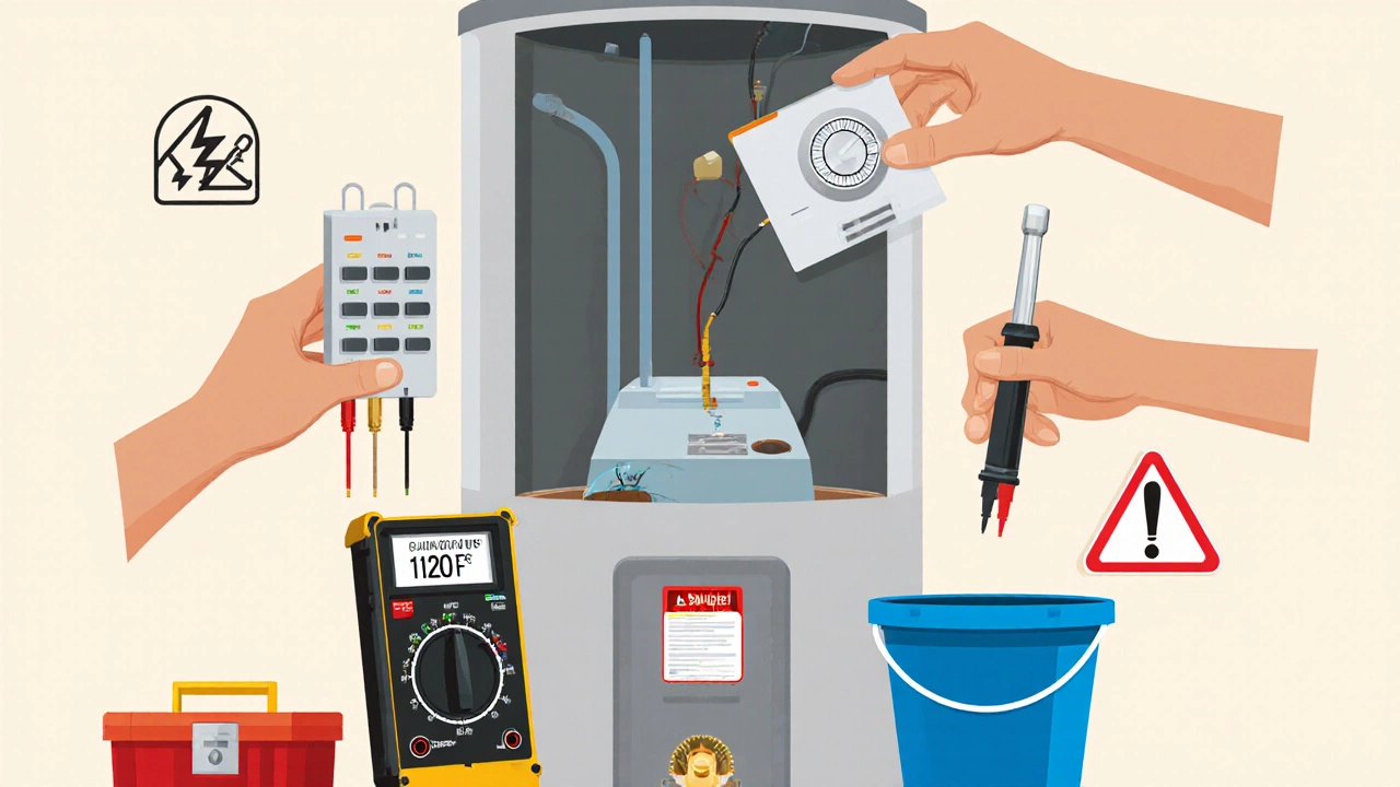 Illustration of a homeowner checking circuit breaker, thermostat, and pressure valve on a water heater.