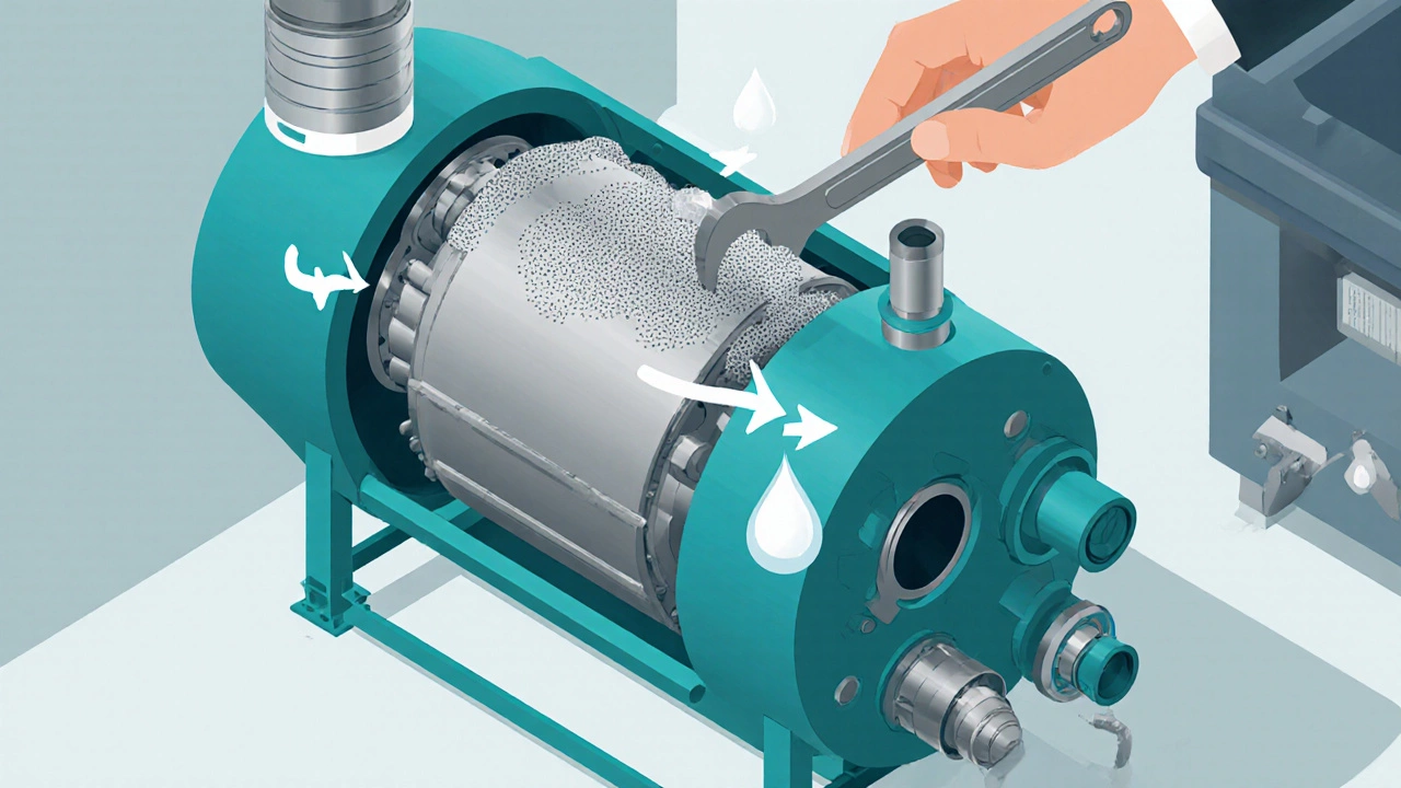 Isometric diagram showing a boiler’s internal parts, scale buildup, and a service wrench.