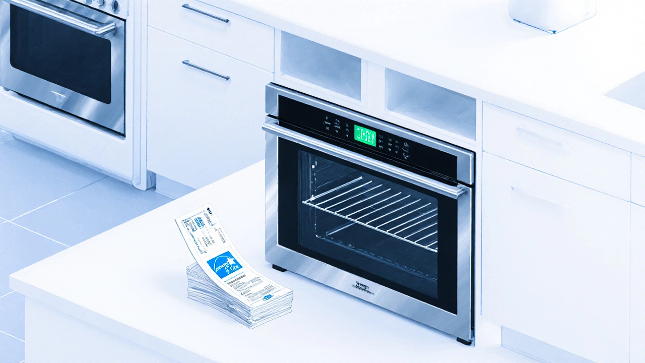 Isometric view of a sleek new oven with digital display next to smaller utility bills.
