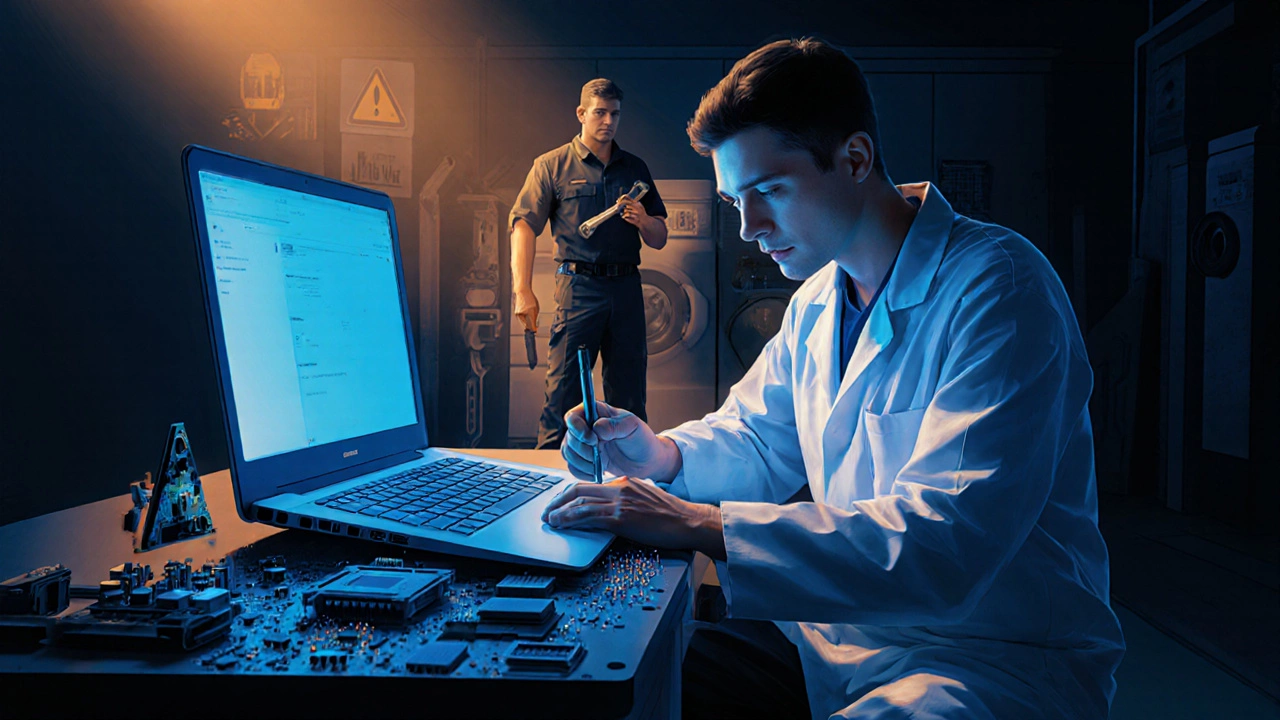 Laptop being repaired on a bench while an appliance technician works on a washing machine.