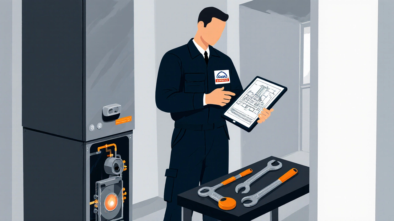 Licensed heating engineer with badge standing beside boiler, holding a tablet and tools.