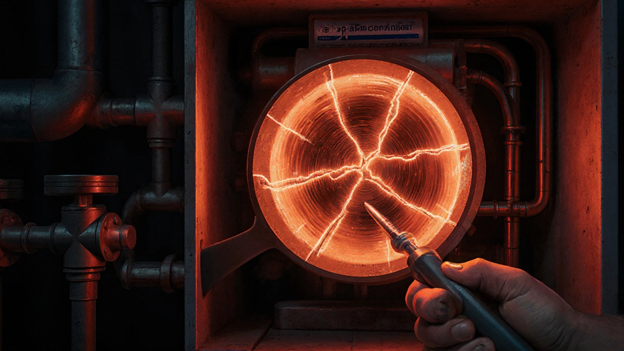 Magnified view of a cracked heat exchanger inside a boiler with glowing details.