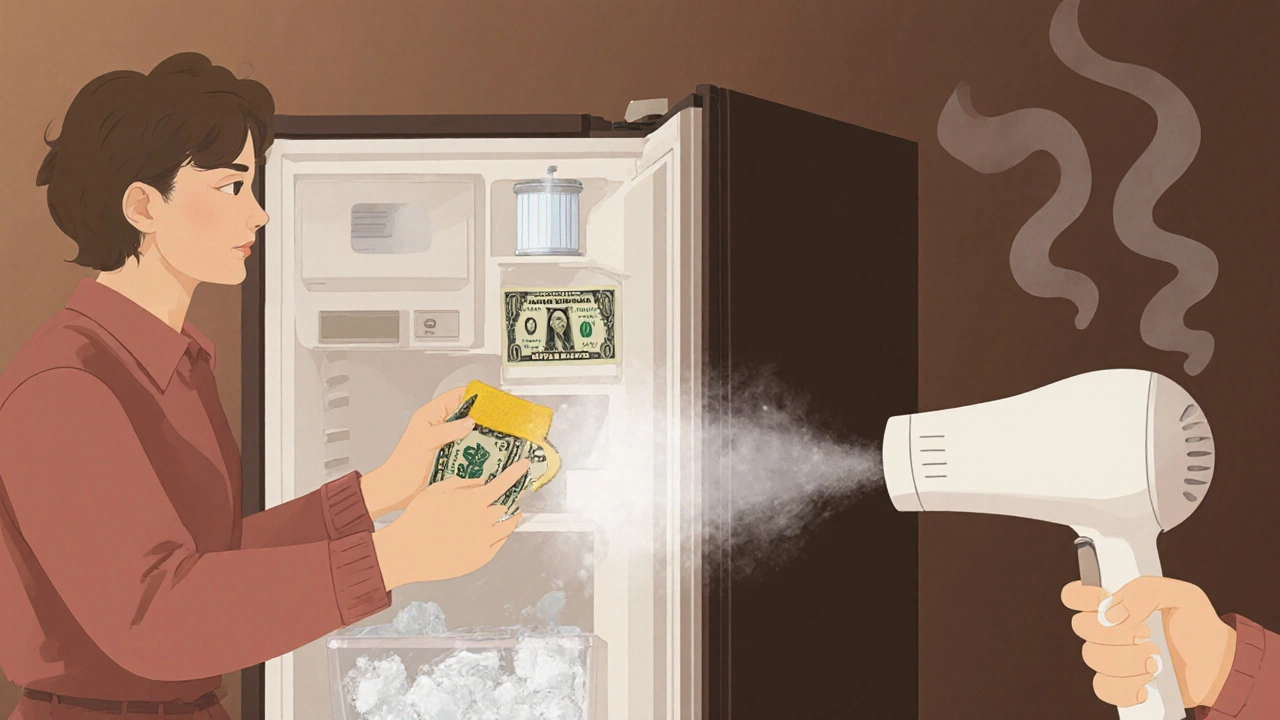 Person replaces water filter, cleans ice bin, checks door seal, and defrosts freezer coil.