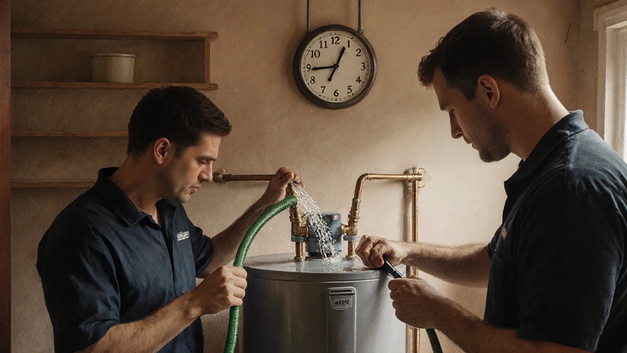 Plumber and electrician performing maintenance on a water heater with hose and wrench.