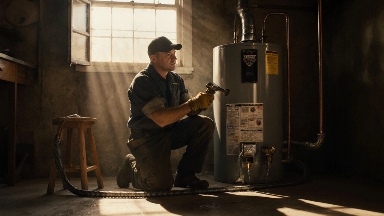 Plumber repairs a water heater, tightening a valve with warm light in the background.