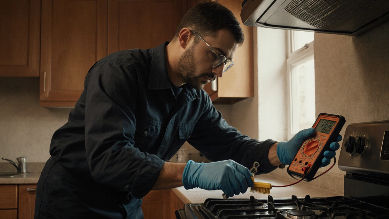 Professional technician inspects a gas oven, using a multimeter and soap solution in a kitchen.