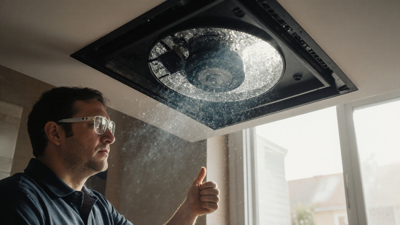 Reassembled fan running with airflow visible, homeowner giving thumbs‑up.