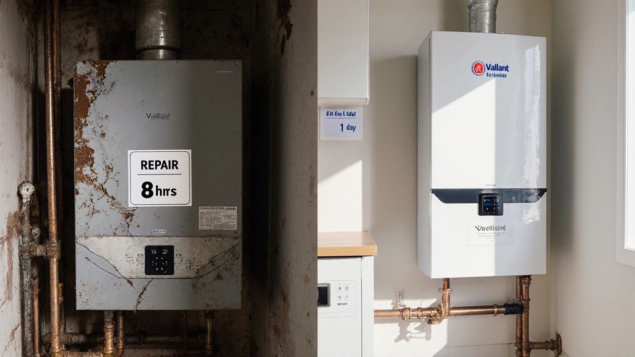 Side-by-side comparison of old broken boiler versus new efficient model.
