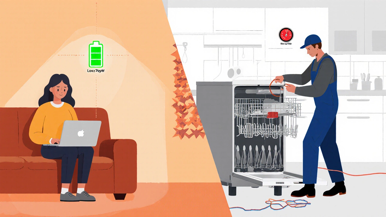 Side‑by‑side scenes: person using a laptop on a couch versus a technician fixing a dishwasher.