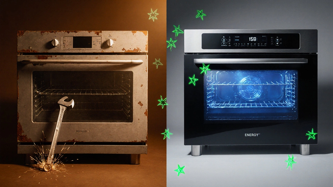 Side‑by‑side view of an old faulty oven and a new efficient oven.
