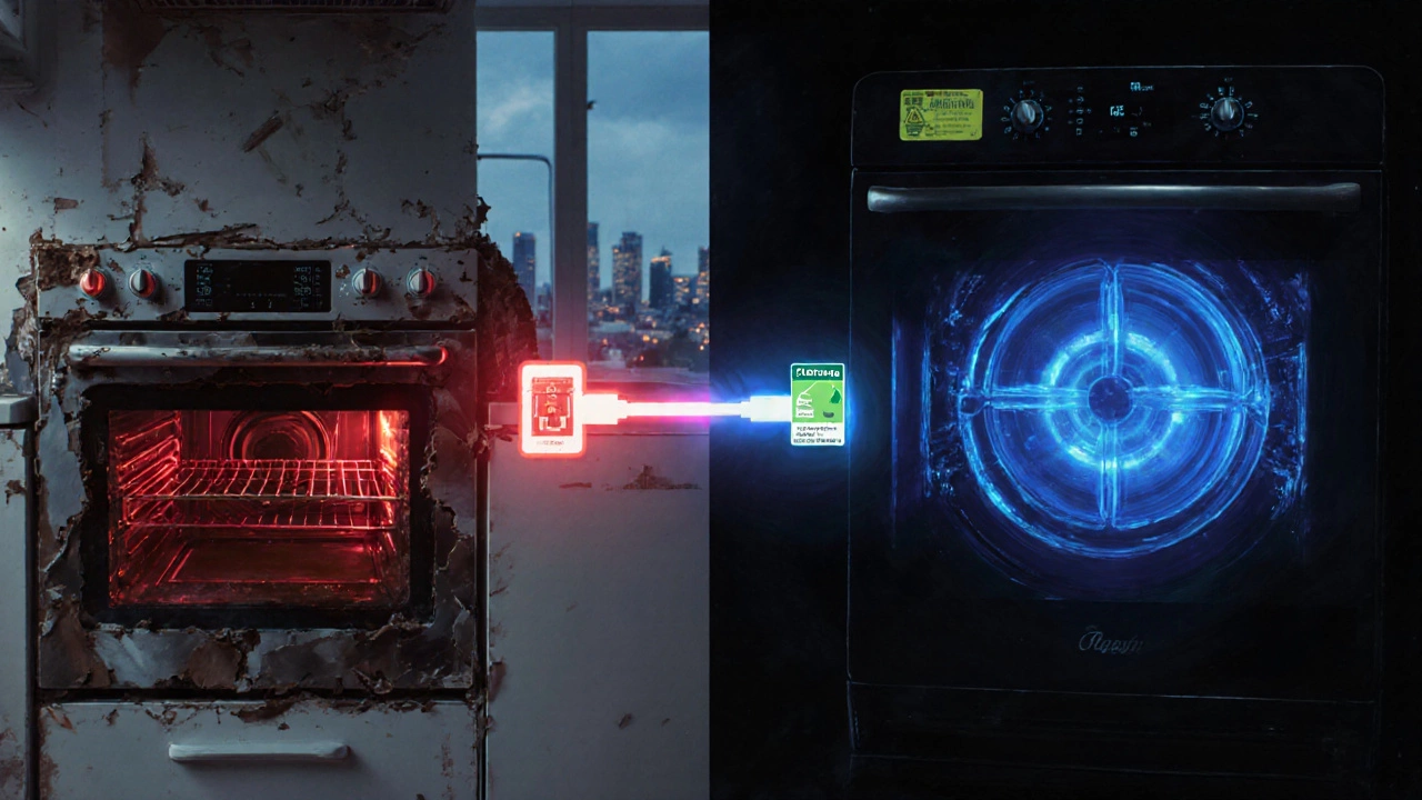 Split image showing an old, unsafe oven transforming into a modern, energy-efficient model.