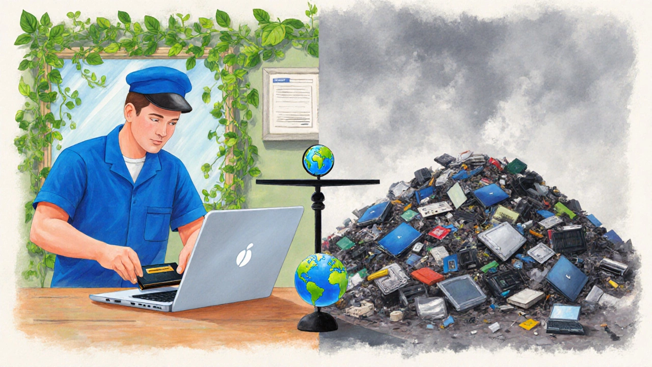 Split scene showing repair workshop versus landfill, highlighting sustainability.