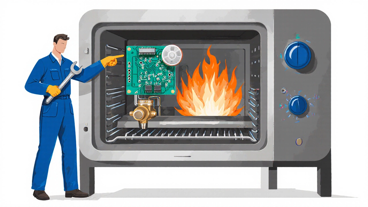 Technical cutaway showing oven parts and a technician inspecting them.