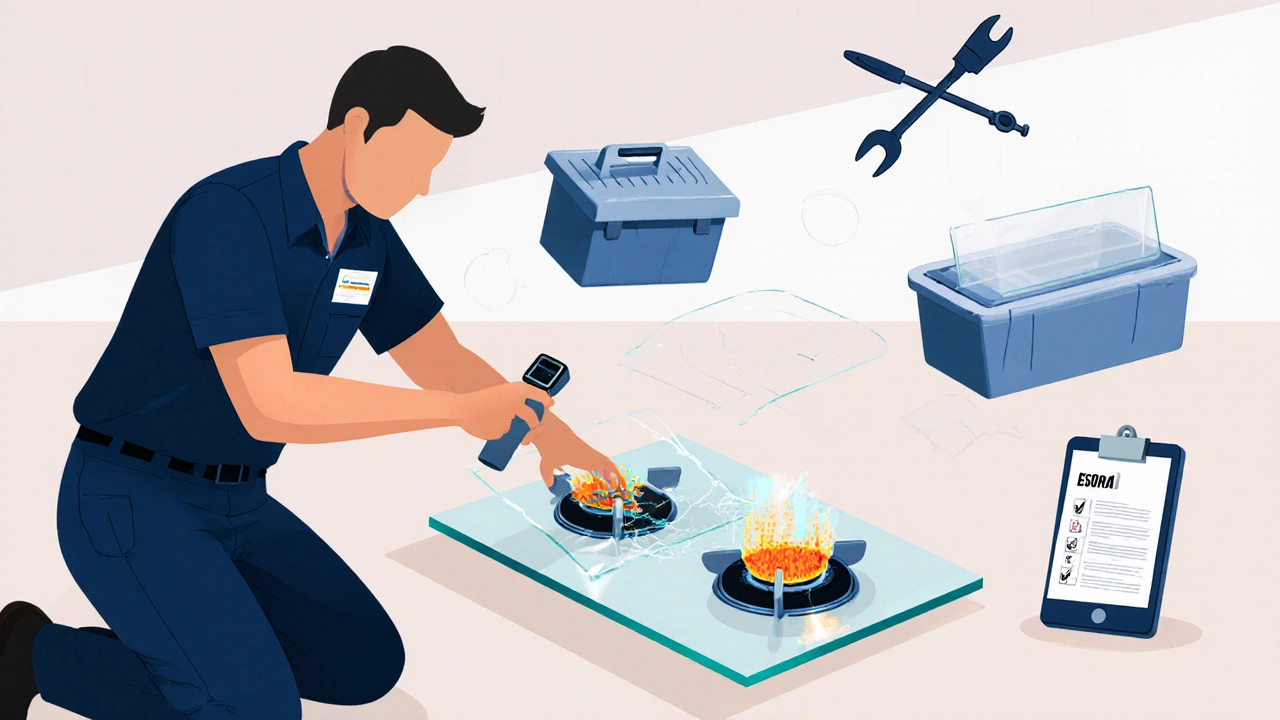 Technician repairing a glass hob using epoxy and a heat sensor.