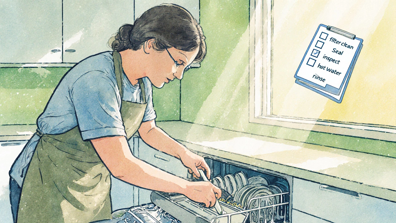 Watercolor scene of a homeowner cleaning a dishwasher filter and spray arm in a sunny kitchen.