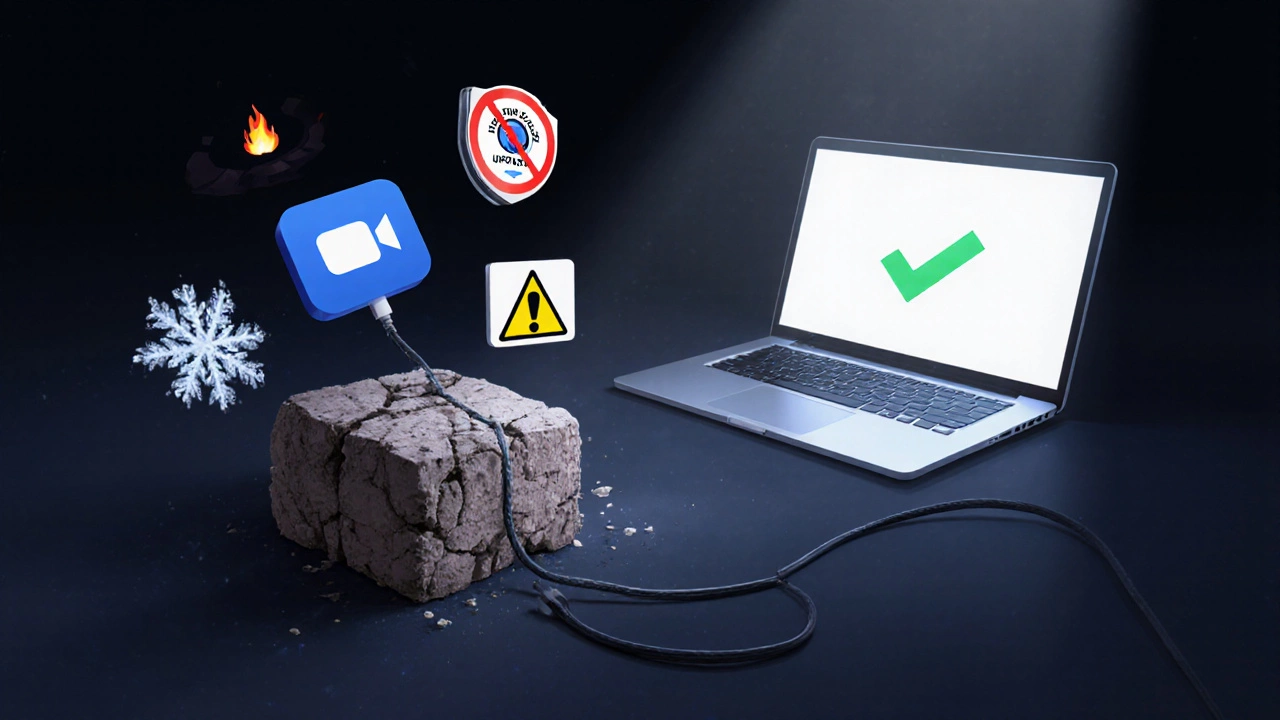 A crumbling old laptop with security warnings and fire hazards, contrasted with a glowing new laptop.