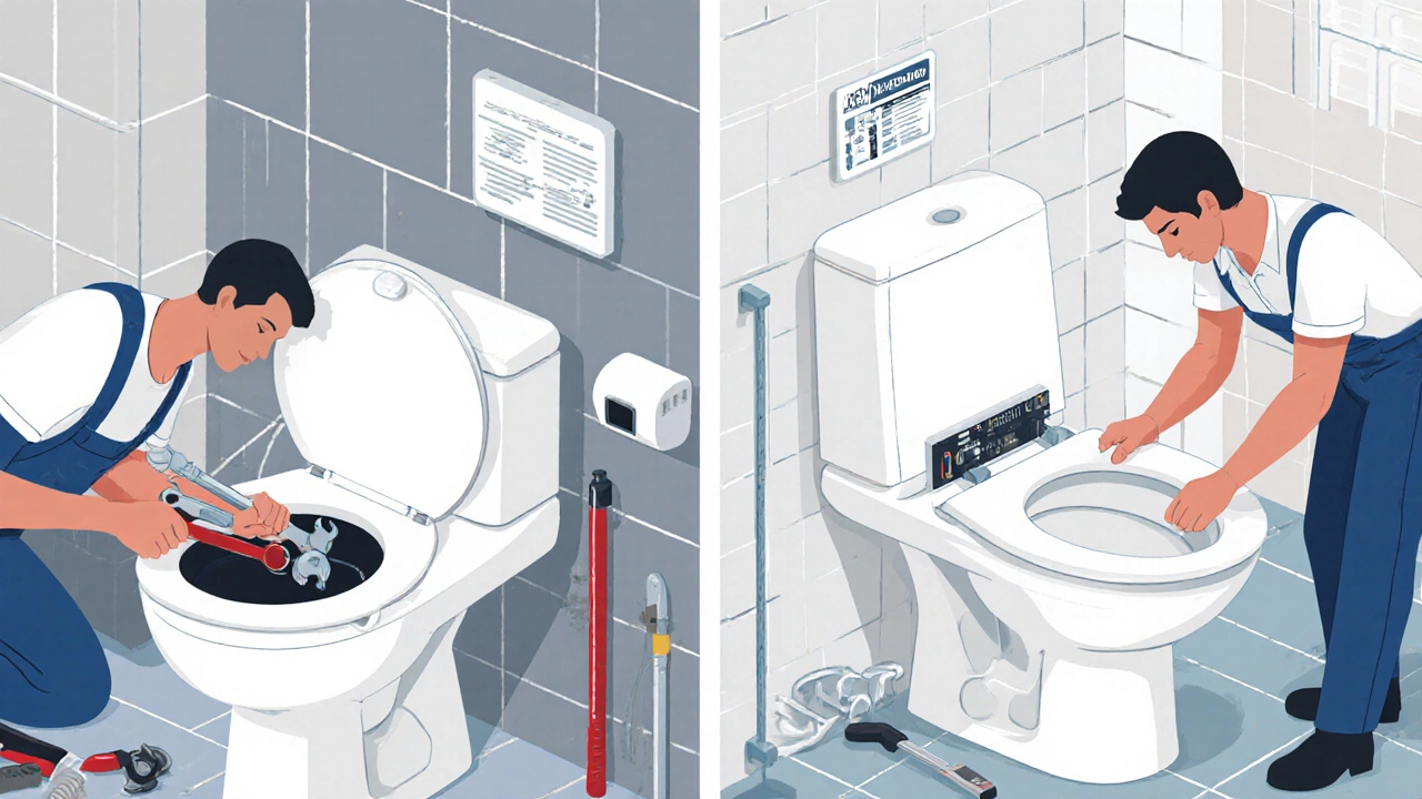 A side-by-side scene of a plumber fixing a toilet and a technician servicing its electronic seat.