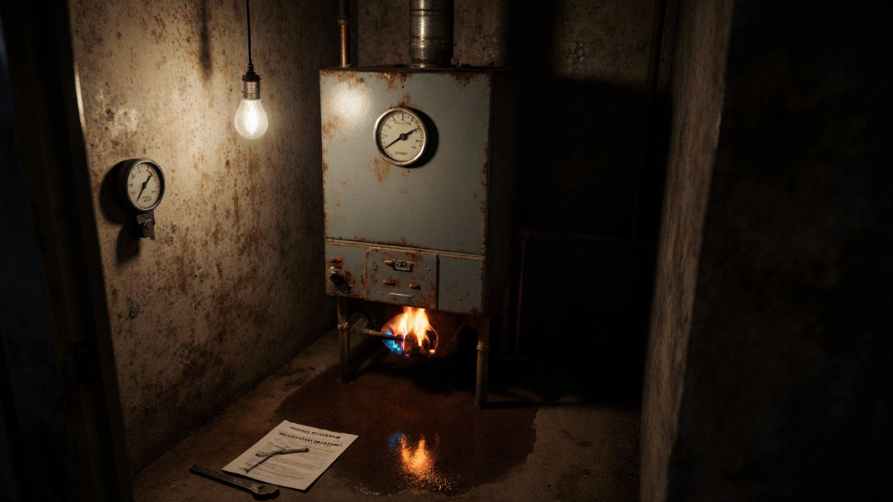 An old, leaking gas boiler with low pressure gauge in a dim utility room, surrounded by tools and water puddles.