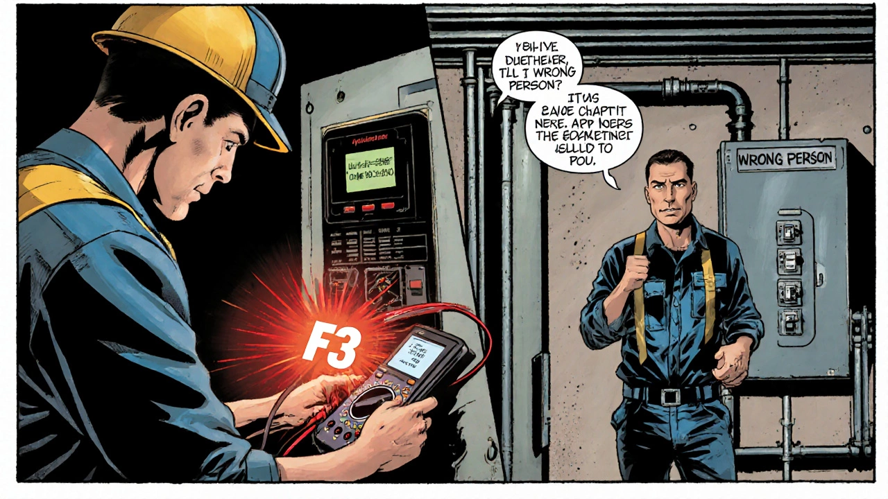 Appliance technician testing an oven control board while an electrician stands at a circuit breaker panel.