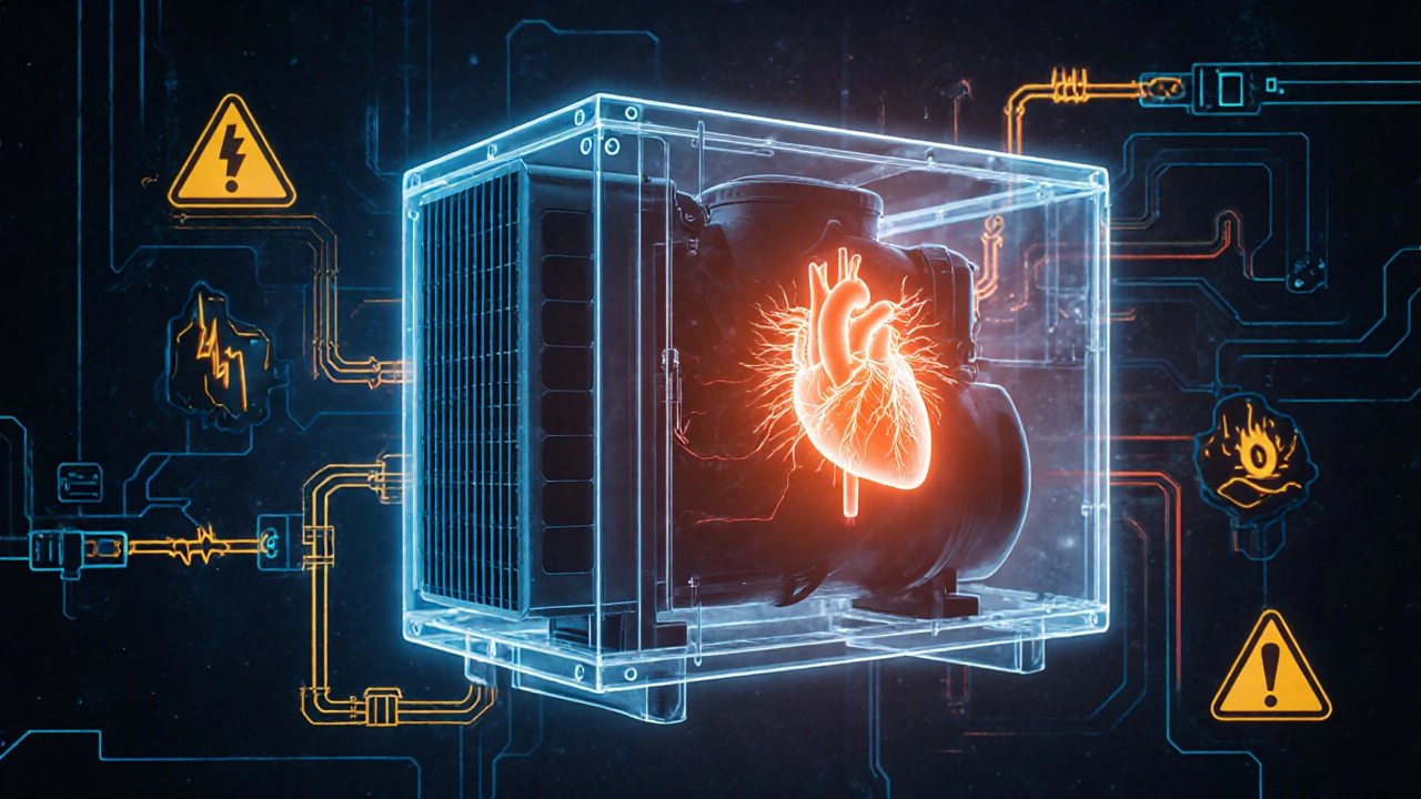 Compressor depicted as a heart with refrigerant lines and warning symbols in scientific illustration style.