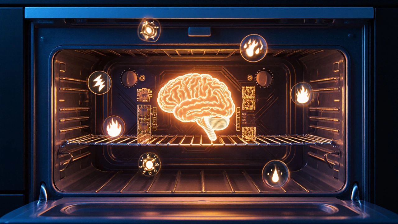 Conceptual glowing circuit board inside an oven, symbolizing power surges and heat damage.