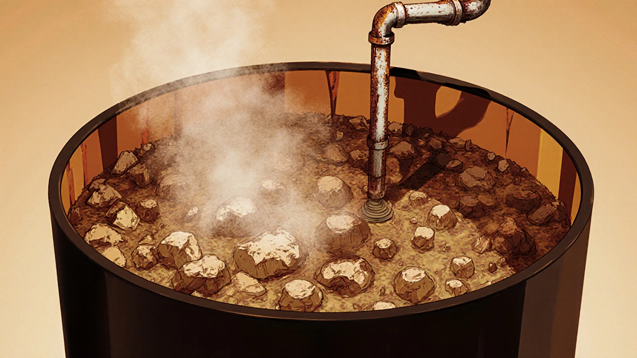 Cross-section of a water heater tank filled with sediment and steam pockets, illustrating internal failure.