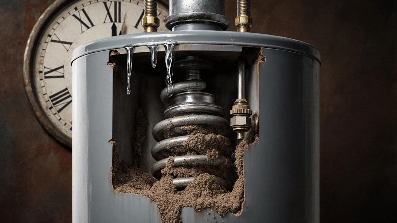 Cross-section of water heater with sediment buildup and failing components.