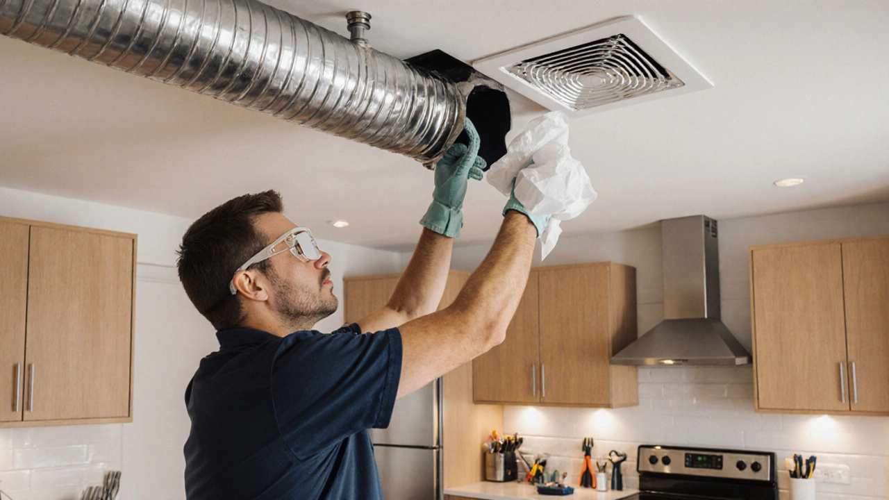 Electrician installing a new inline extractor fan in a kitchen ceiling with tissue test showing airflow.