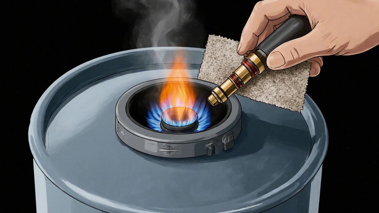 Gas water heater pilot light being relit with thermocouple being cleaned.