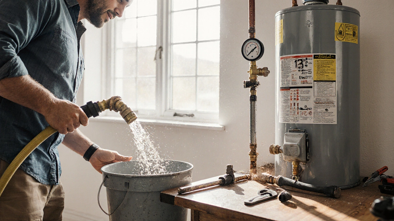 Homeowner flushing a water heater with muddy water flowing into a bucket, pressure gauge visible on wall.