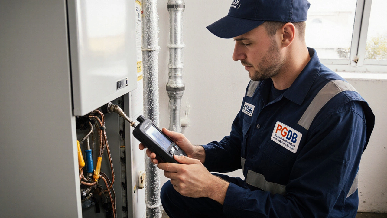 Licensed gasfitter diagnosing a boiler with digital tools, PGDB badge visible, frozen condensate pipe in background.