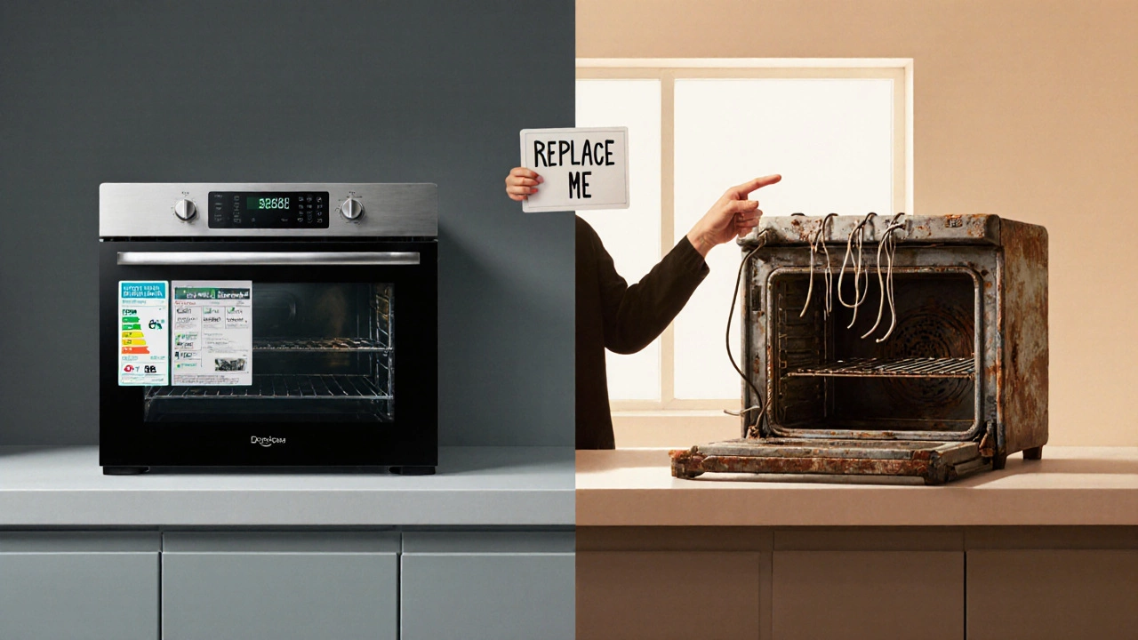 New energy-efficient oven next to an old faulty oven on a kitchen counter, with a &#039;Replace Me&#039; sign.