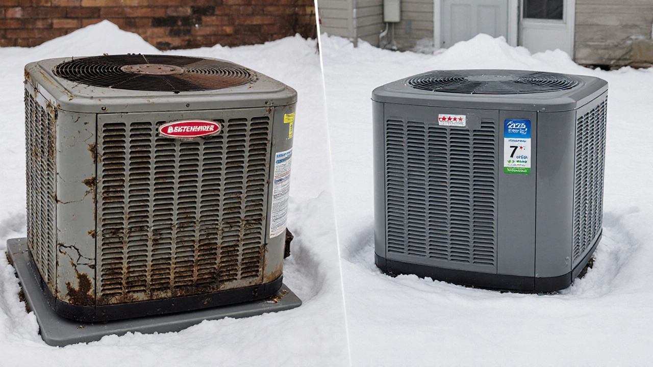 Old and new heat pump units side by side in snowy setting, showing generational design differences.